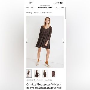 NWT Madewell Crinkle Georgette V-Neck Babydoll Dress in Brushed Texture size M